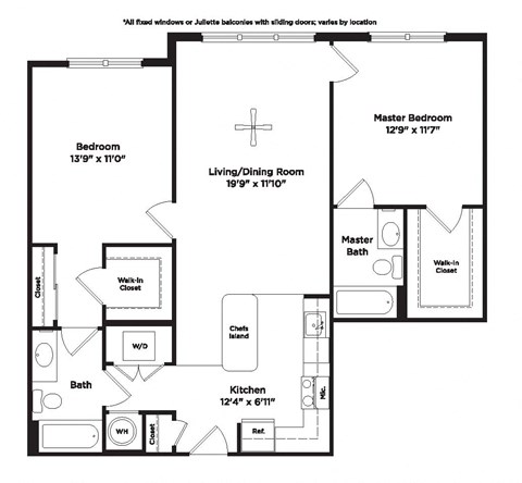 Floor plan for 2 beds, 2 baths, 1017 sqft